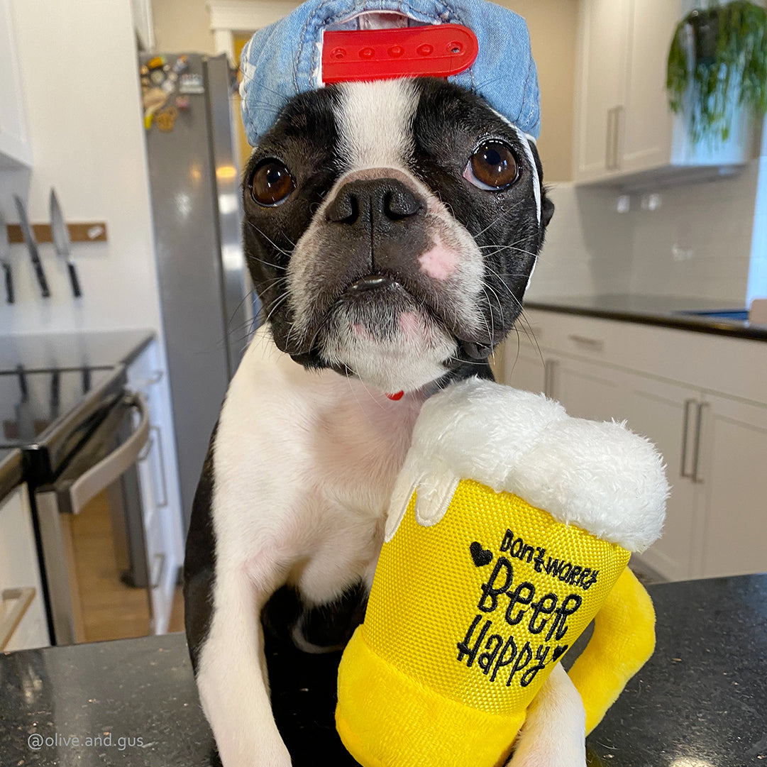 Clive & Bacon X P.L.A.Y. Squeaky Plush Dog Toys - Barking Beer