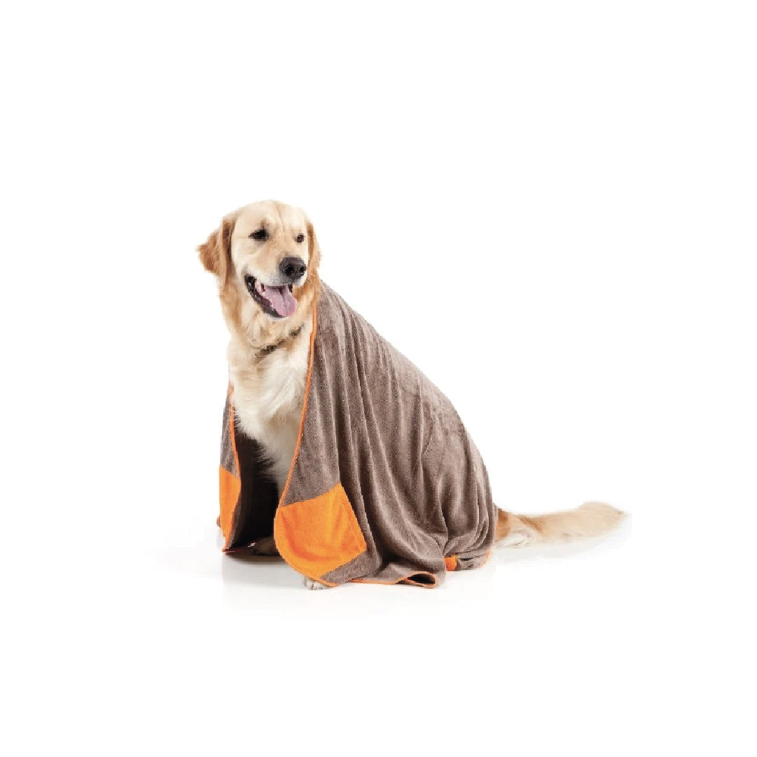 FuzzYard Microfibre Drying Towel Brown with Orange Trim For Dogs (90CM x 60CM)