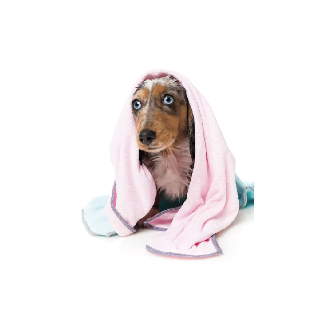 FuzzYard Microfibre Drying Towel Pink with Grey Trim For Puppies (63CM x 40CM)